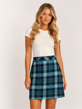 LL Bean Wool Plaid A-Line Skirt Teal Navy Preppy Fall Women’s 12